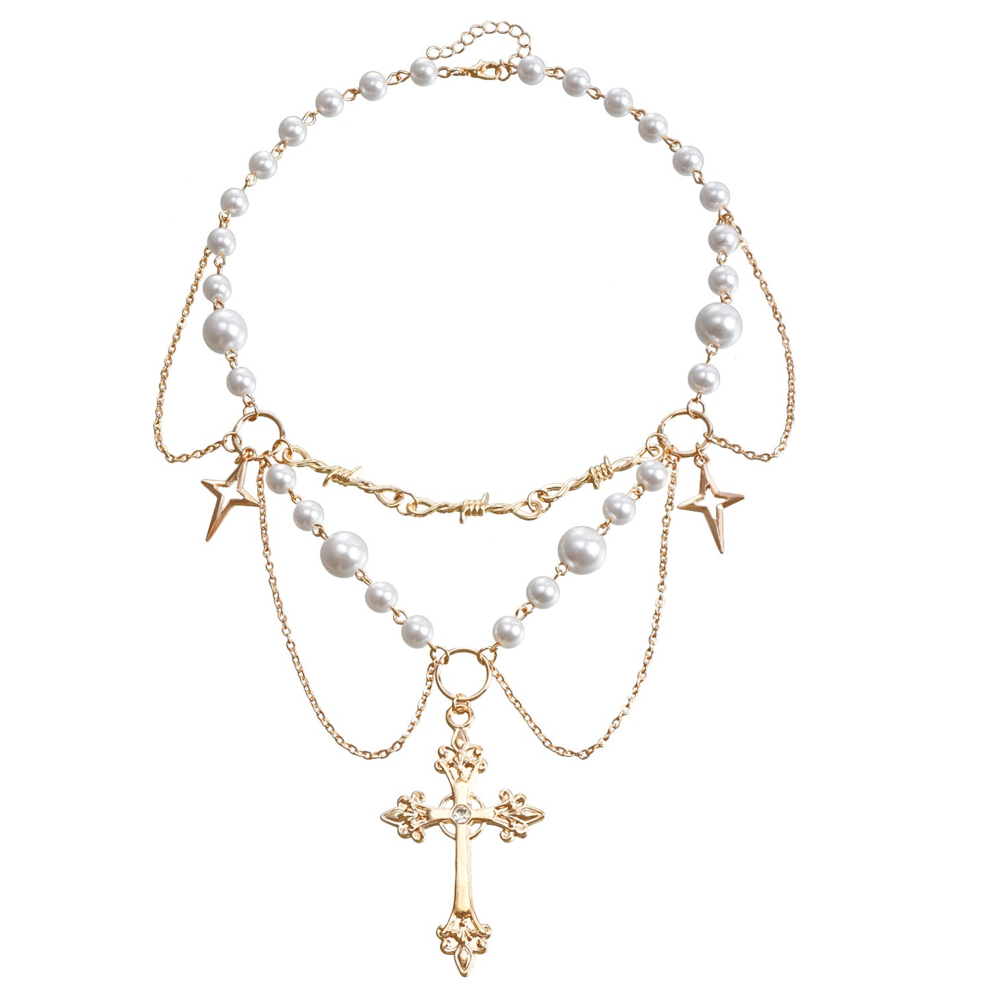 Women's Ornament Design Bright Pearl Tassel Cross Necklaces