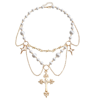 Women's Ornament Design Bright Pearl Tassel Cross Necklaces