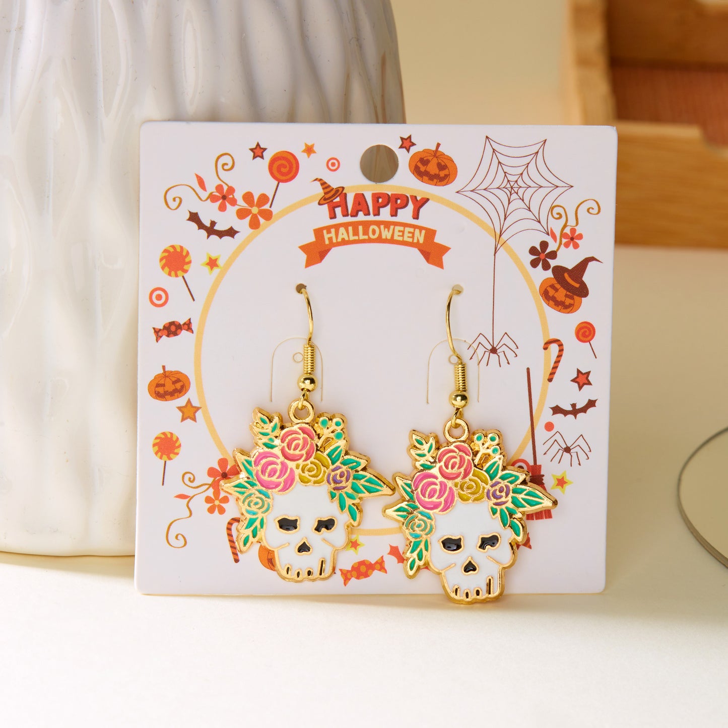 Halloween Fashion Creative Painting Oil Flower Skull Earrings