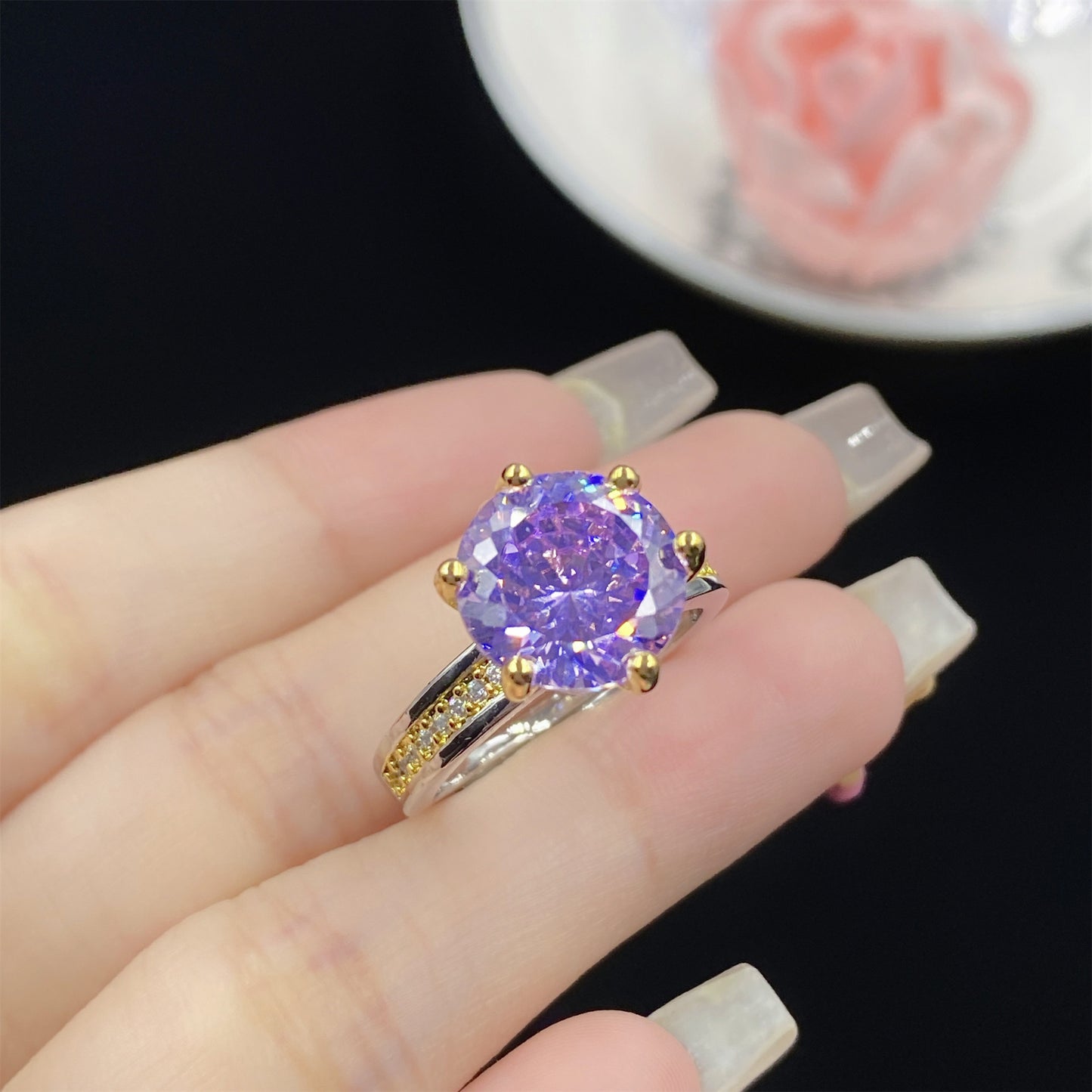 Two-color Electroplating Simple Temperament Spodumene Purple Pink White Rings