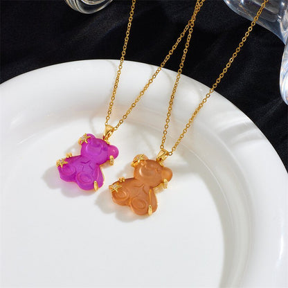 Women's Copper Micro Inlaid Zircon Resin Bear Stainless Steel Light Necklaces