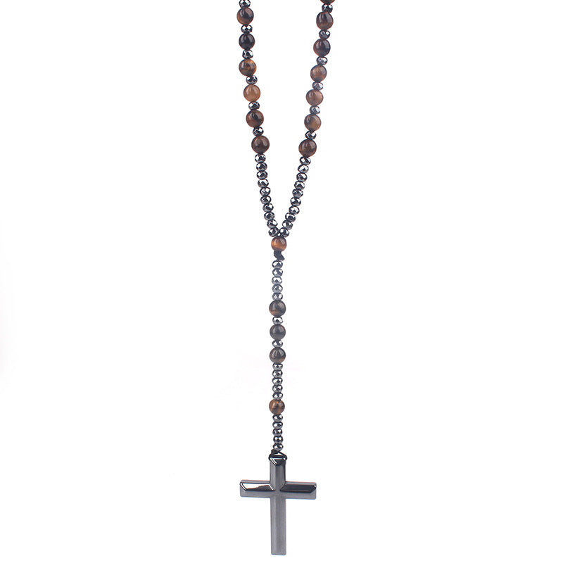 Religious Cross Black Flash Matte Haematite Long Necklaces