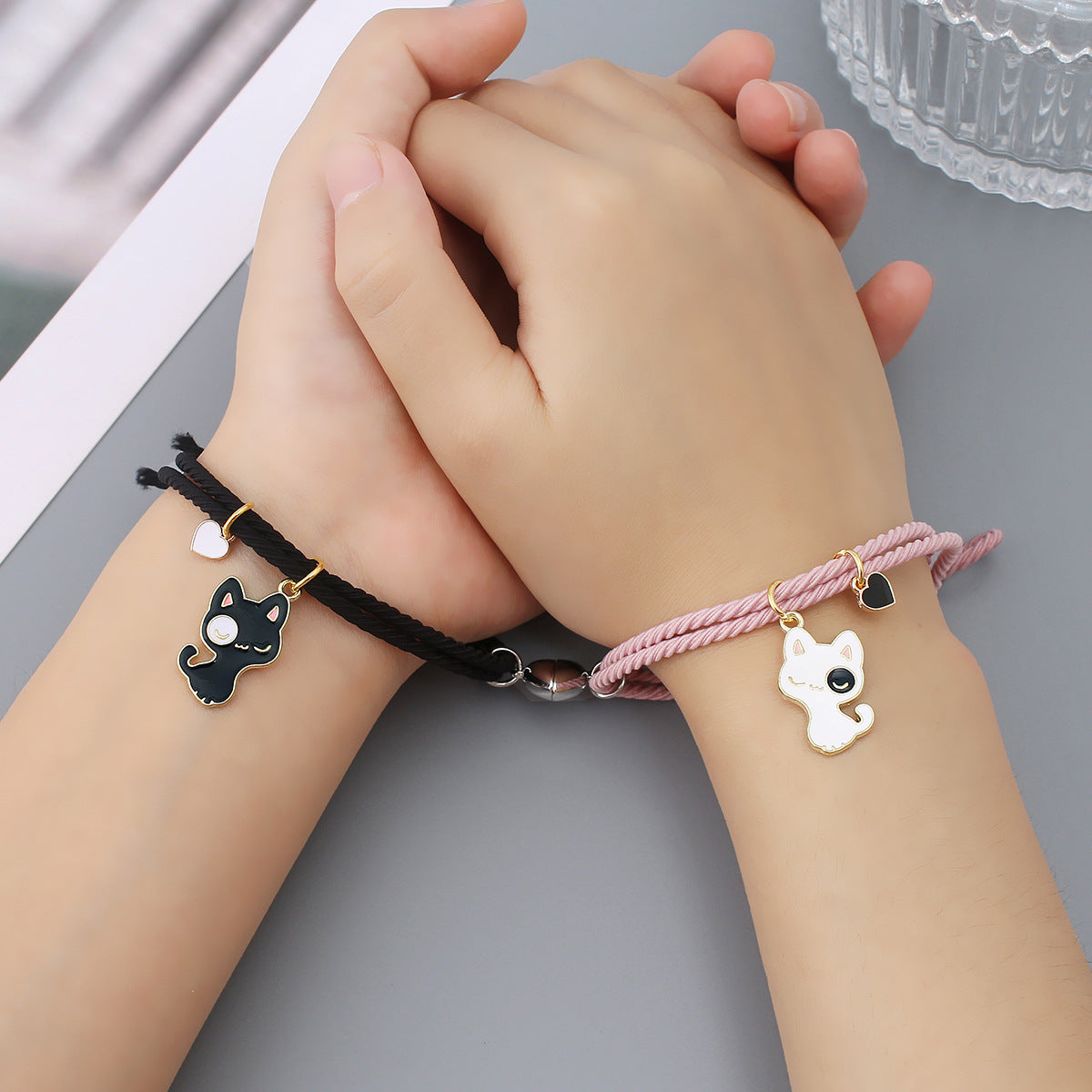 Women's & Men's Black White Cat Love Magnet Couple Bracelets