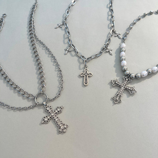 Vintage Pearl Cross Punk Sweater Female Pendants