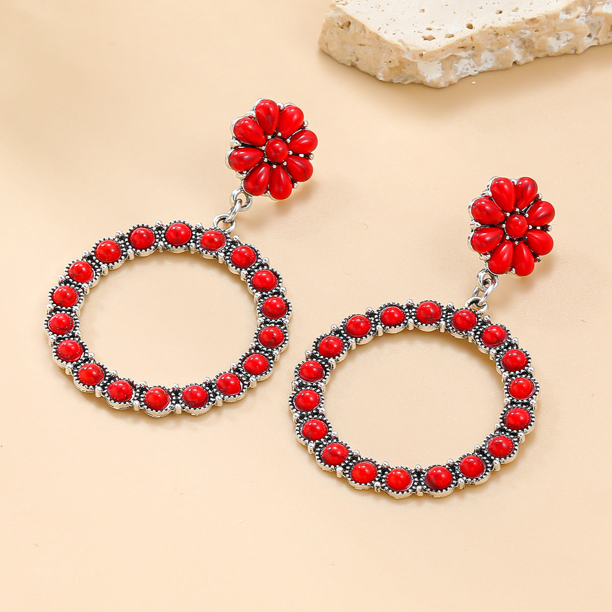 Female Alloy Imitation Turquoise Round Bohemian Earrings