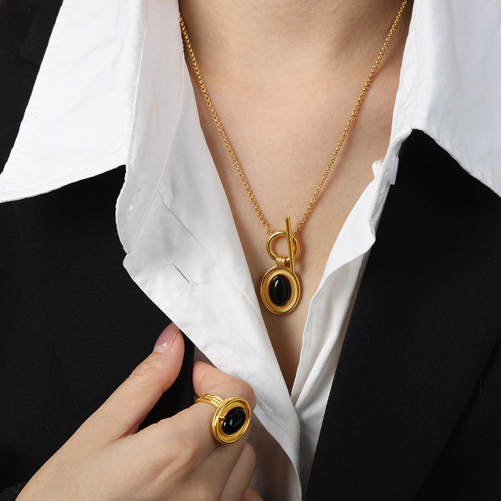 Composite Titanium Steel Gold-plated Inlaid Agate Oval Necklaces