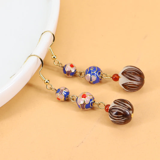 Ethnic Style Cloisonne Bodhi Carved Lotus Earrings