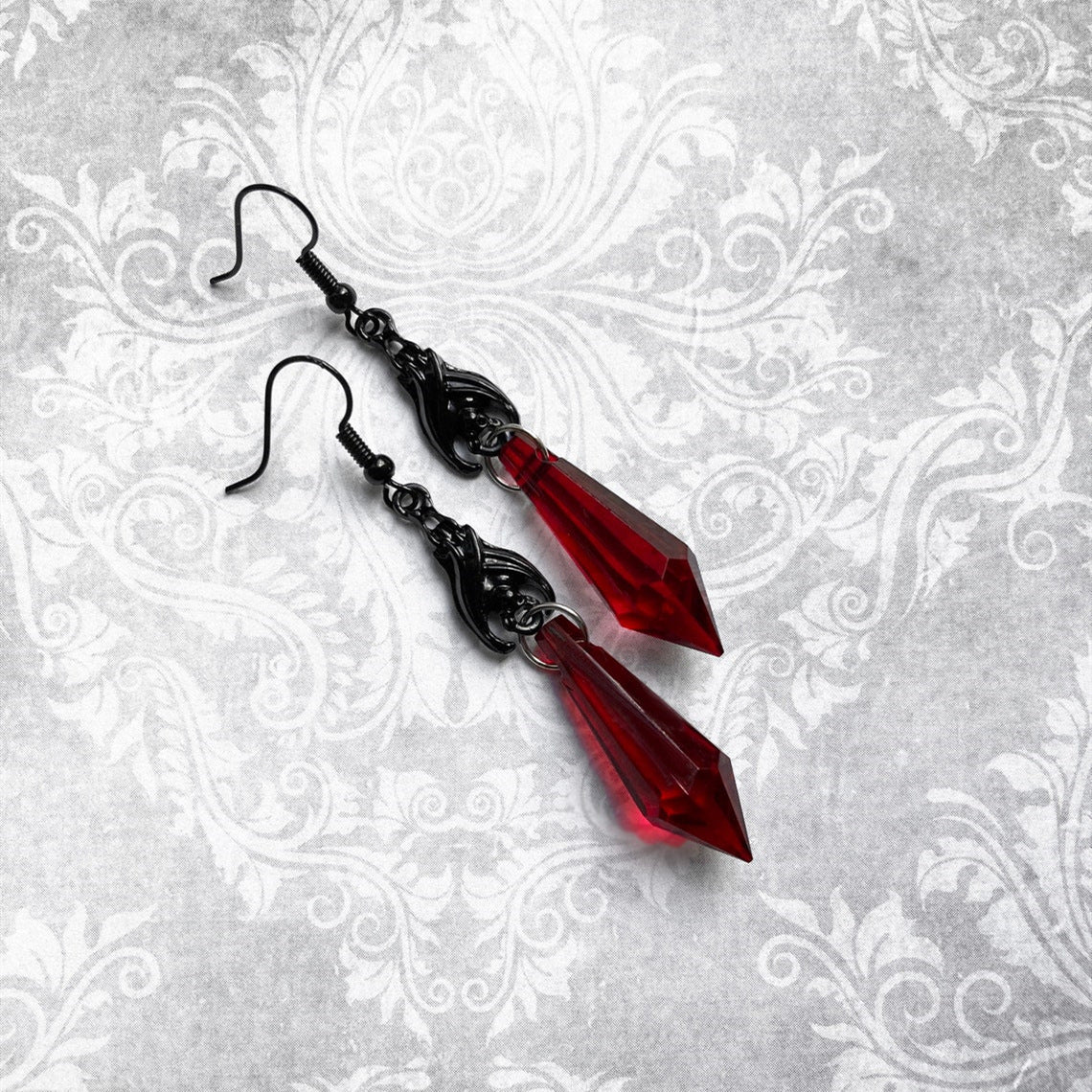 Unique Gothic Black Bat Red Teardrop Earrings