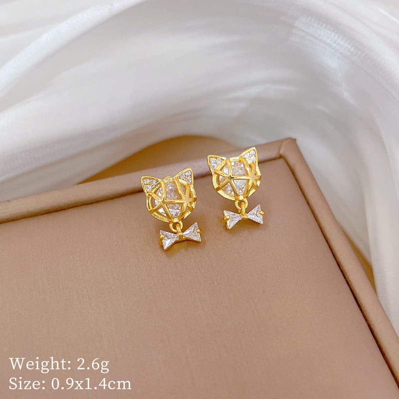 Suite Light Luxury Full Diamond Bow Cat Graceful Earrings