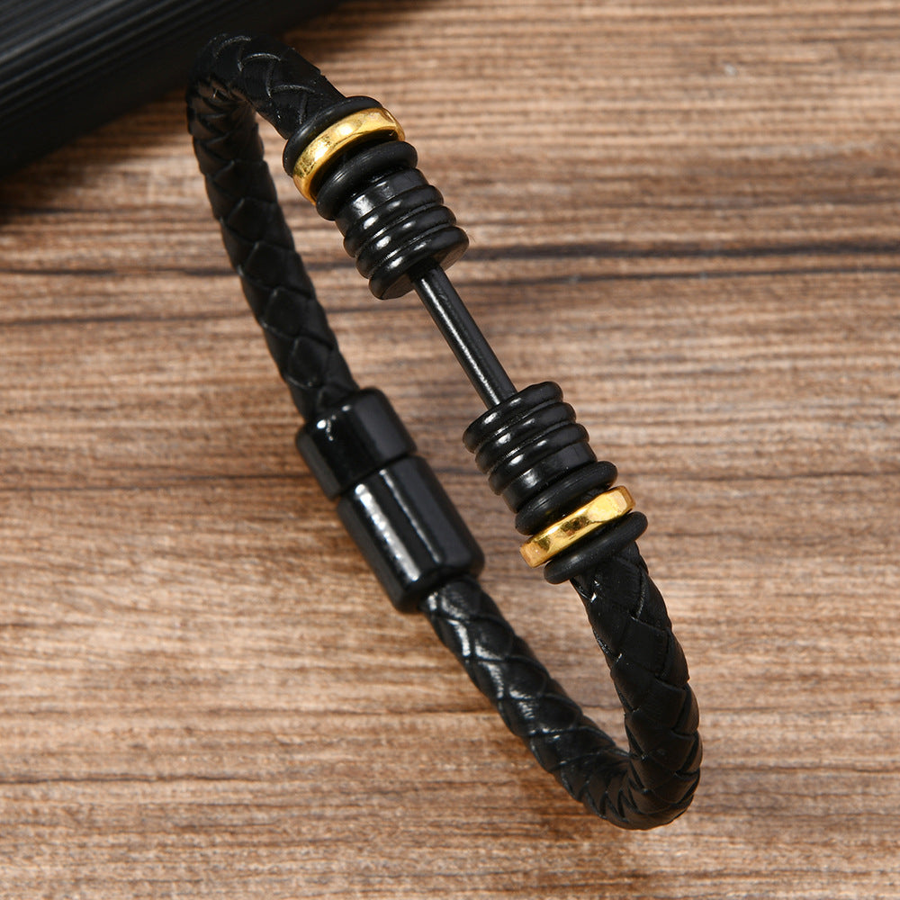 Men's Dumbbell Black Leather Woven Football Personalized Bracelets