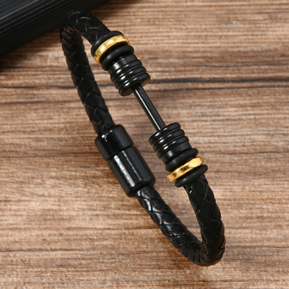 Men's Dumbbell Black Leather Woven Football Personalized Bracelets