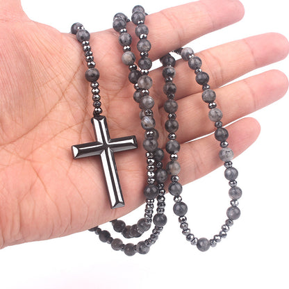 Religious Cross Black Flash Matte Haematite Long Necklaces