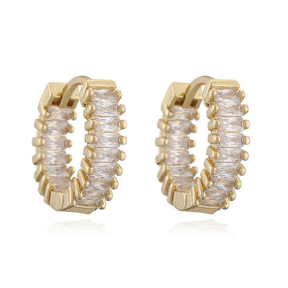 Row Square Full Diamond Ear Clip Gold Personality Earrings