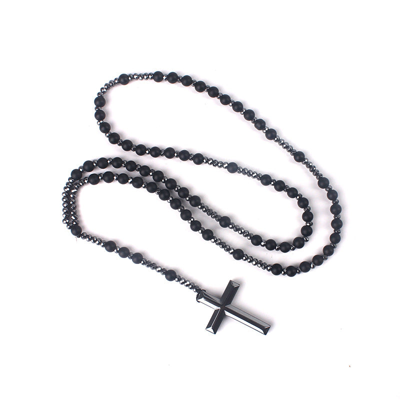 Religious Cross Black Flash Matte Haematite Long Necklaces