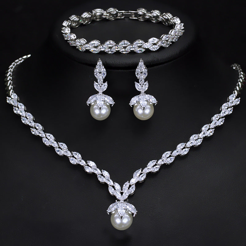 Simple Bridal Zircon Imitation Pearl Suite Wedding Dress Necklaces