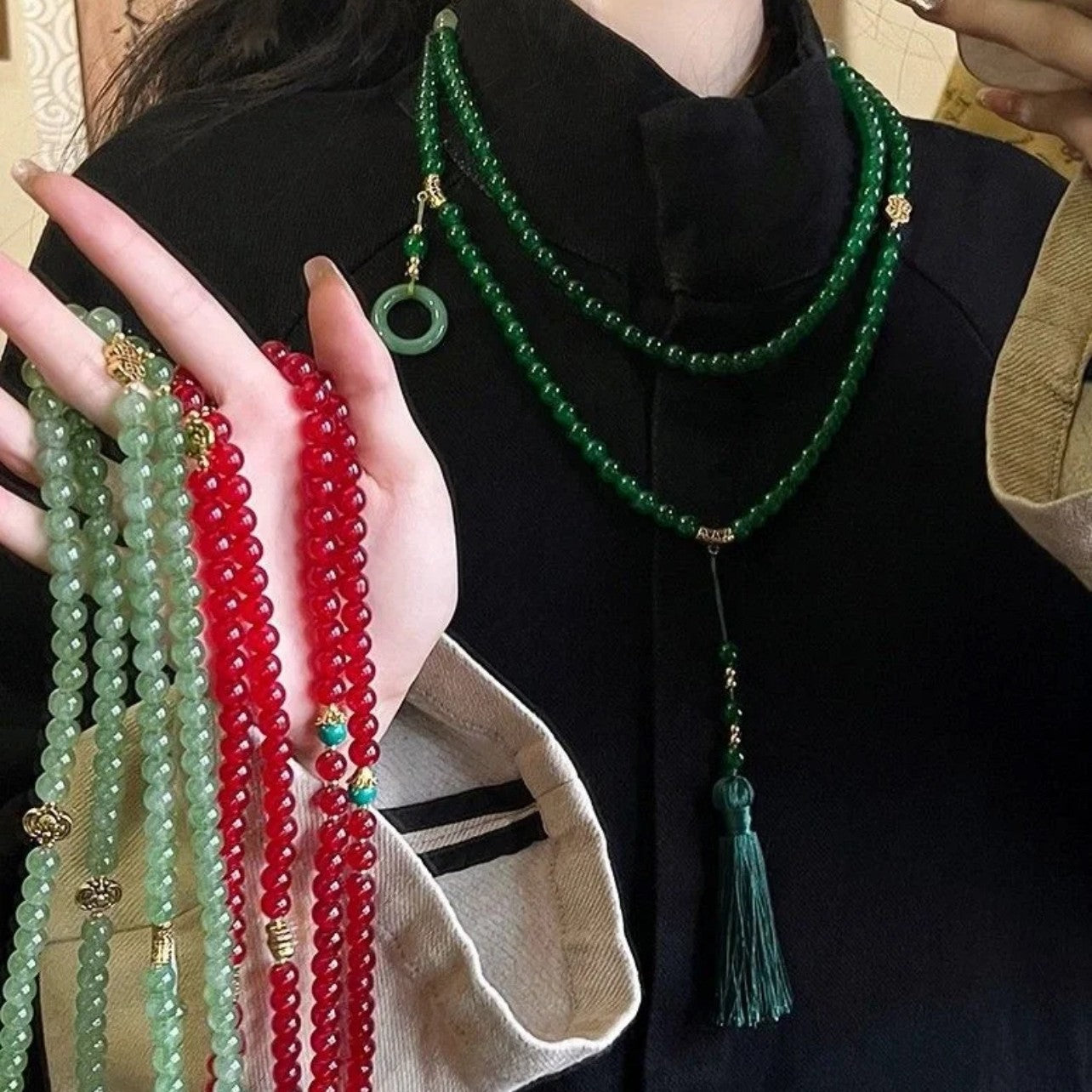 Long Cinnabar Beaded Chinese Style Chain Necklaces