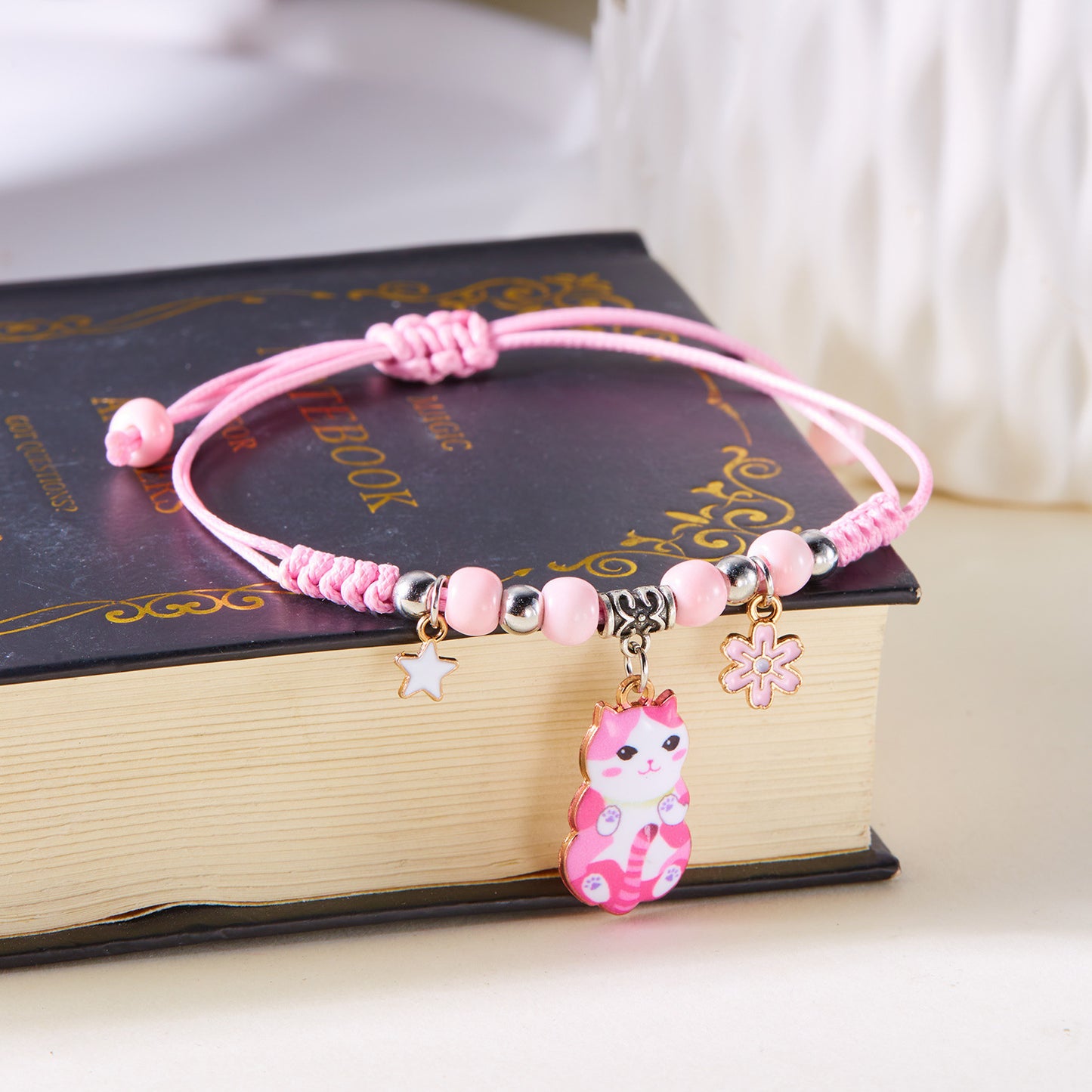 Cat Flower Ceramic Beads Woven Golden Bracelets