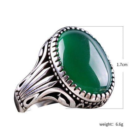 Men's Vintage Natural Emerald Distressed Sier Carved Rings