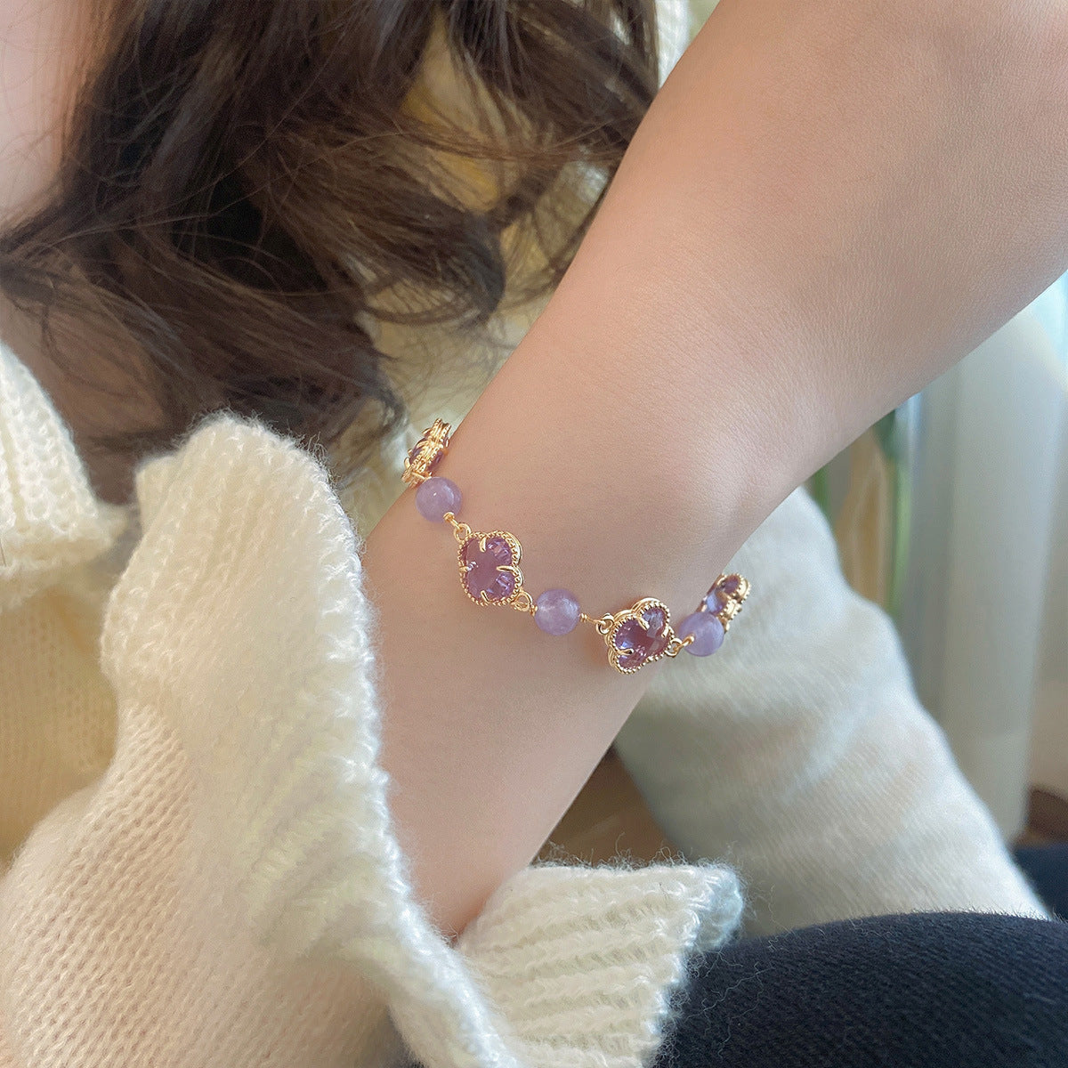 Moonstone Female Fresh Classic Style Pink Purple Water Clover Bracelets