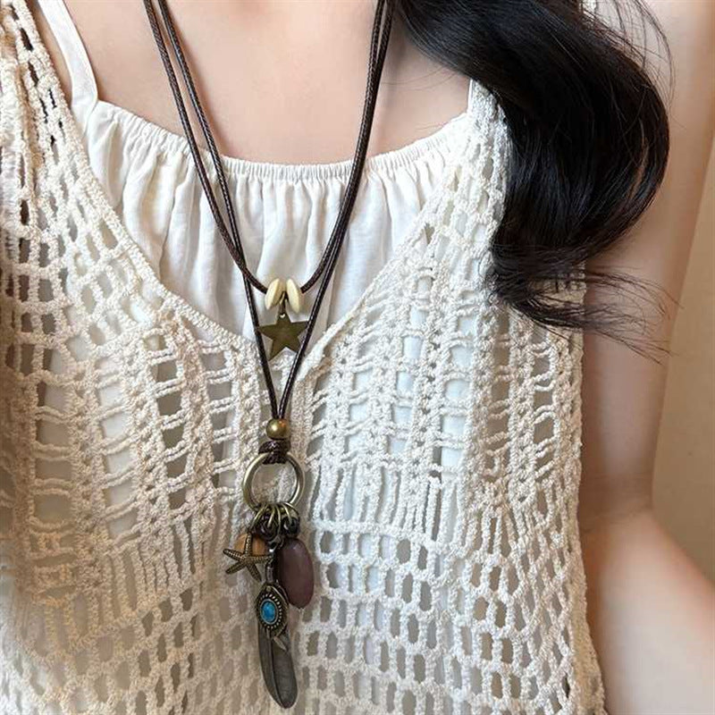 Women's Wooden Bead Ethnic Retro Long Sweater Necklaces