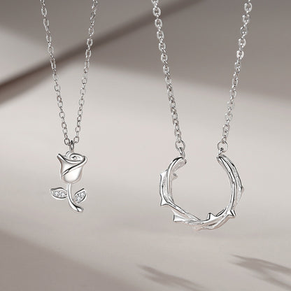 Women's & Men's Couple Sterling Sier Mori Creative Design Rose Clavicle Chain Necklaces