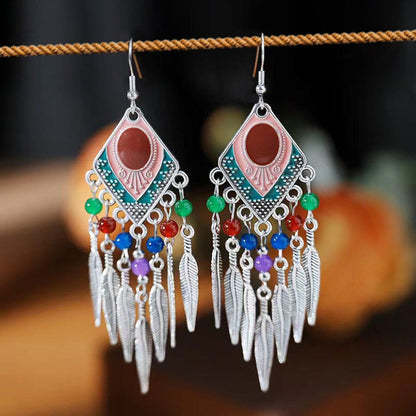 Tassel Turquoise Retro Imitation Miao Sier Minority National Style Earrings