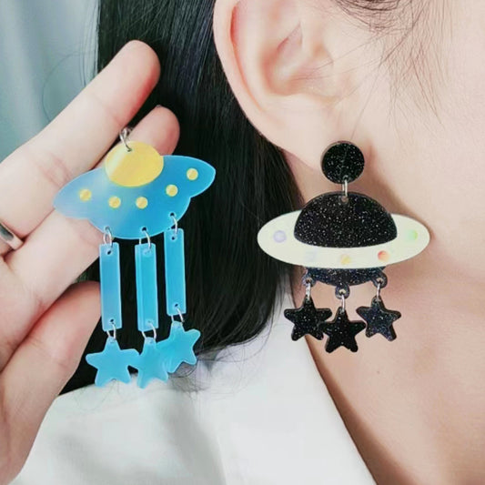 Ear Space Alien Spacecraft Fun Rainbow Earrings