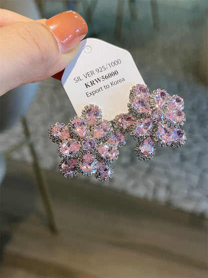 Light Luxury High-grade Rose Red Crystal Flower Earrings