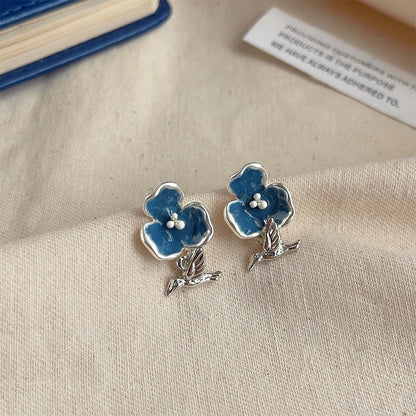 High-grade Sense Blue Color Enamel Design Blooming Earrings