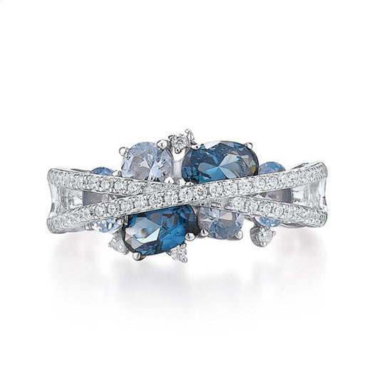 Fashion X-shaped Hollow Jeweled Blue Zircon Rings