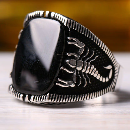 Men's Vintage Natural Black Square Agate Texture Rings