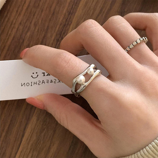 Irregular Metal Open-end Pearl Suit Female Retro Rings
