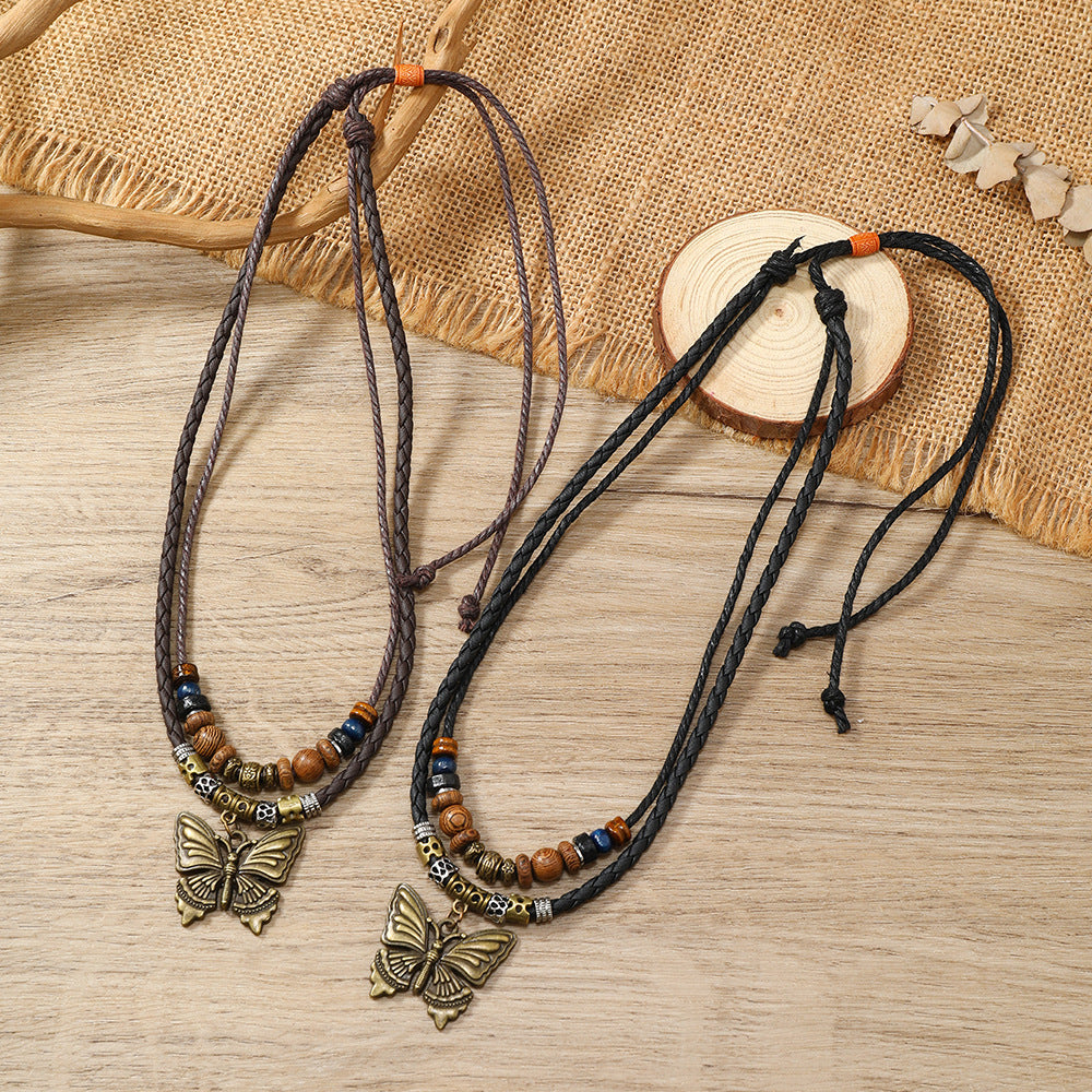 Artistic Retro Butterfly Alloy Wooden Bead Necklaces