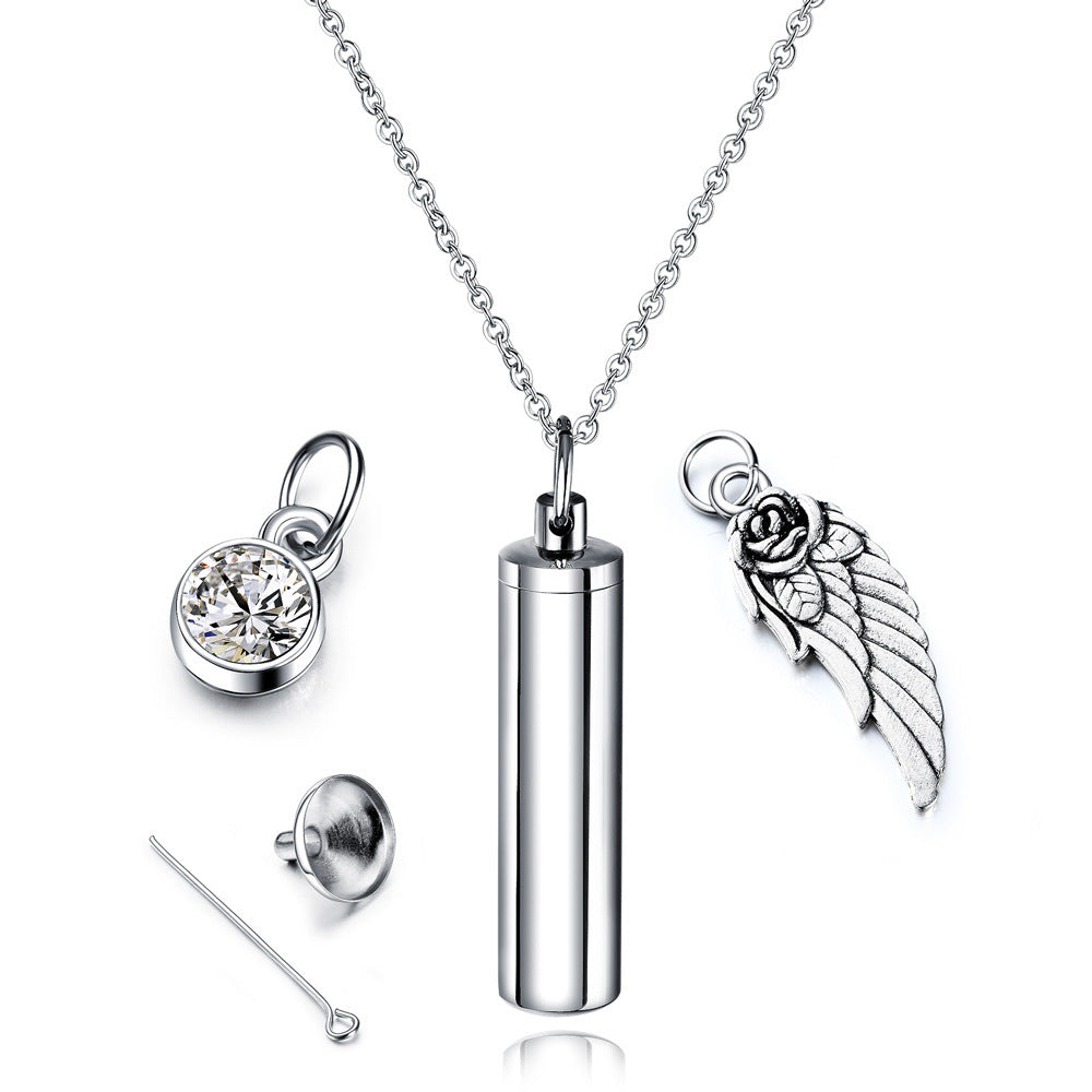 Women's & Men's Pet Ashes Cylindrical Stainless Steel Wings Necklaces