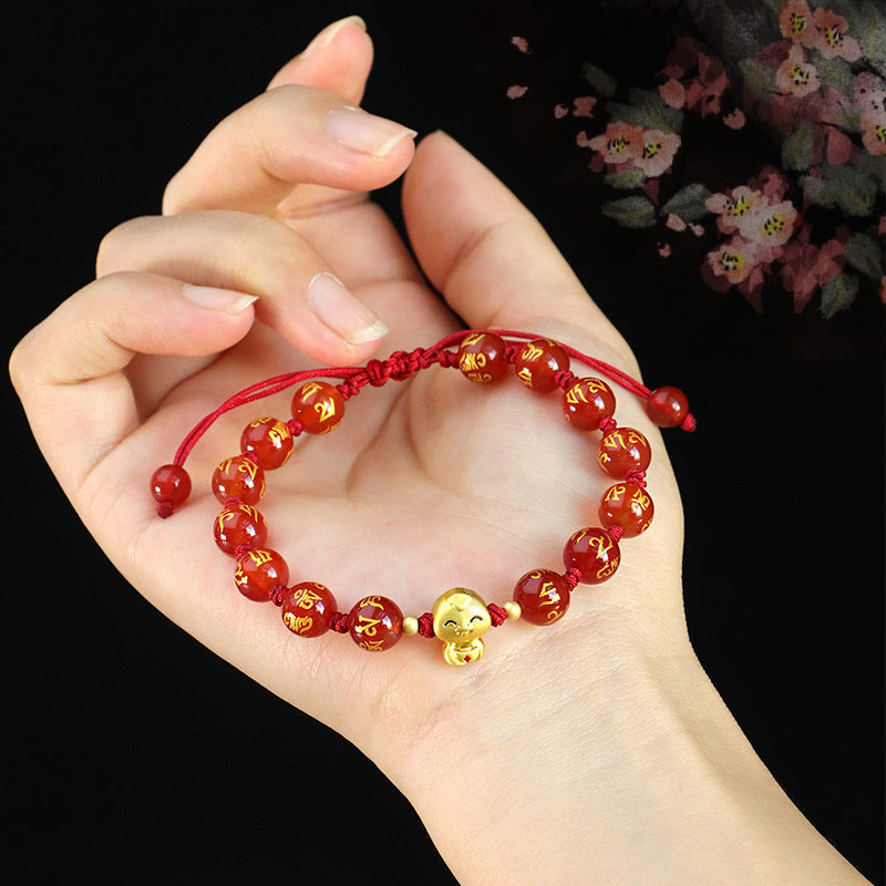 Red Agate Beaded Couple Female Black Bracelets