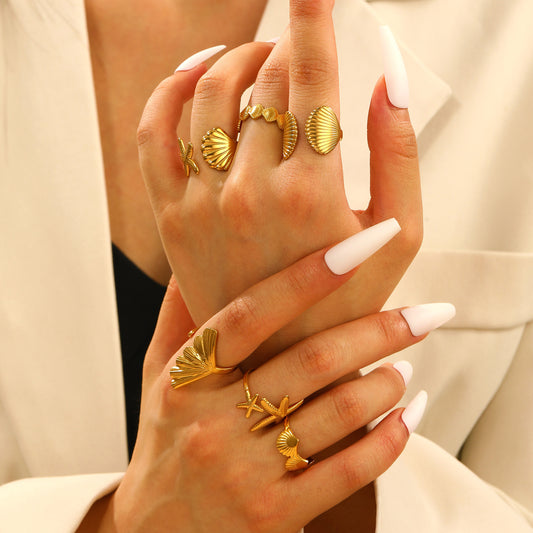 Female Starfish Sea Shell Ginkgo Leaf Ocean Rings