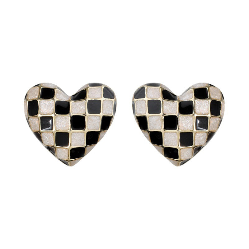 Plaid Love Heart Female Niche Design Earrings