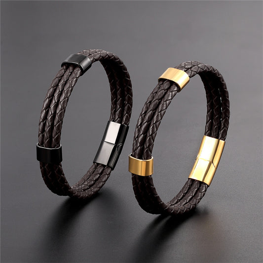 Men's Leather Cord Elegant Stainless Steel Fashionable Bracelets