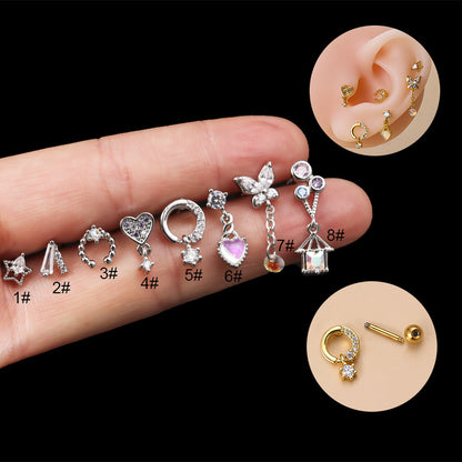 Steel Screw Heart Butterfly Zircon Fashion Ear Earrings