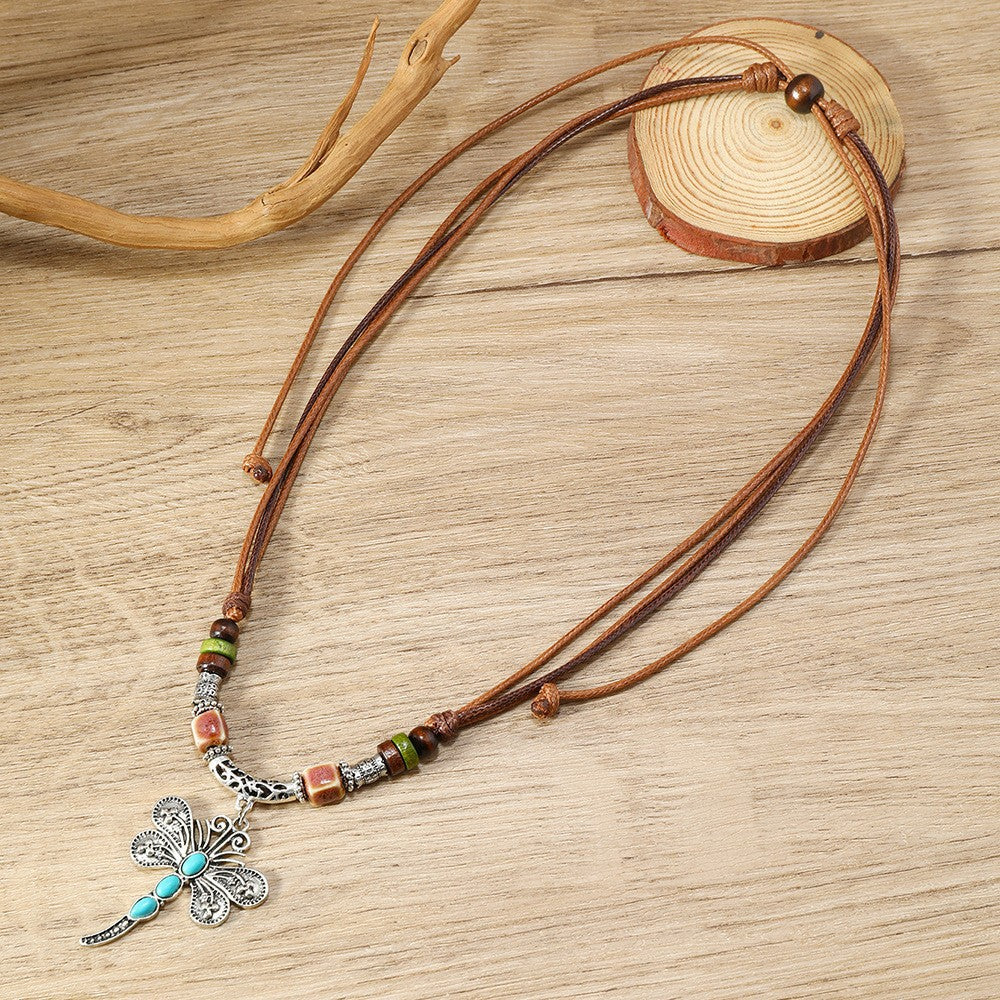 Artistic Retro Butterfly Alloy Wooden Bead Necklaces