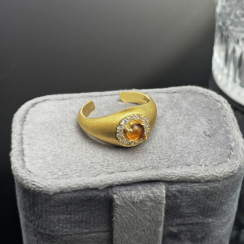Women's Brushed Tigereye Micro Setting Court Style Geometric Design Refined Rings