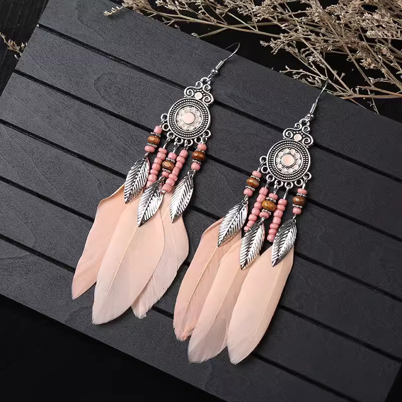 Ethnic Style Long Feather Temperamental Tassels Personality Earrings