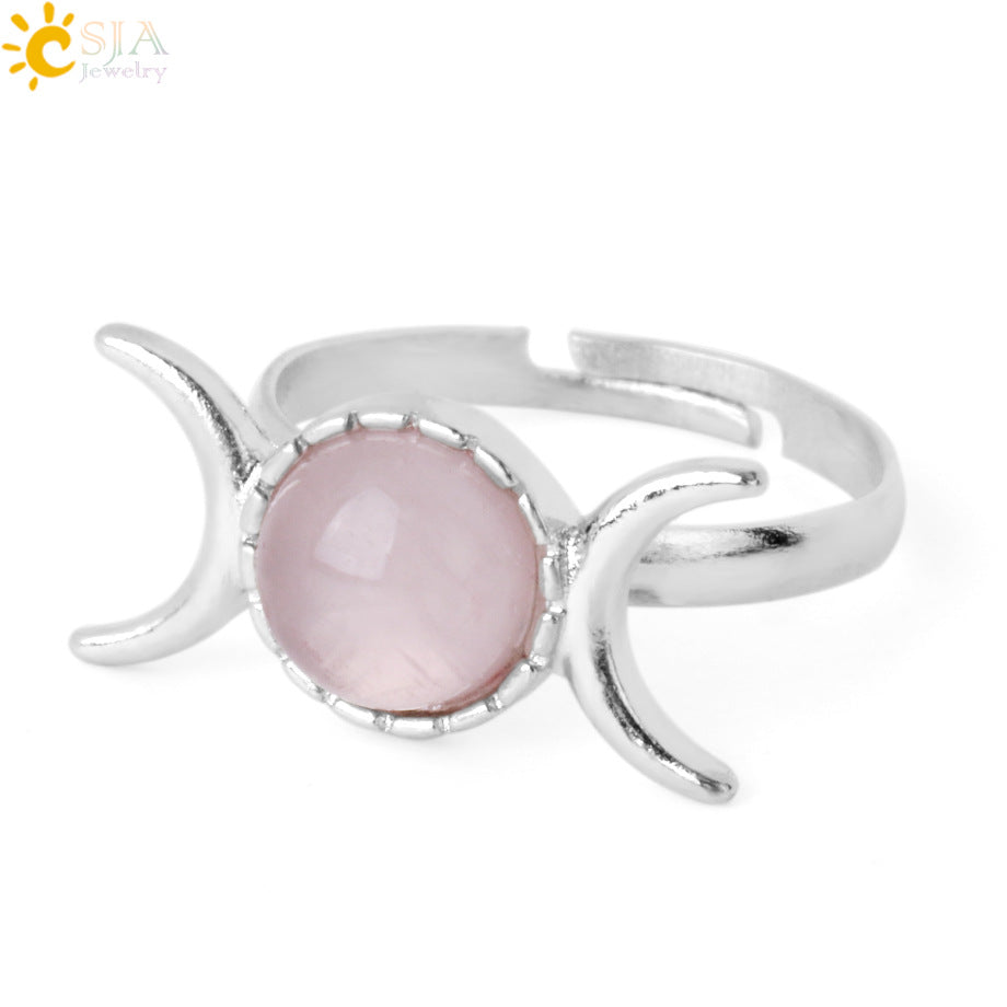 Women's Vintage Crescent Moon Sun Adjustable Sier Natural Stone Rings