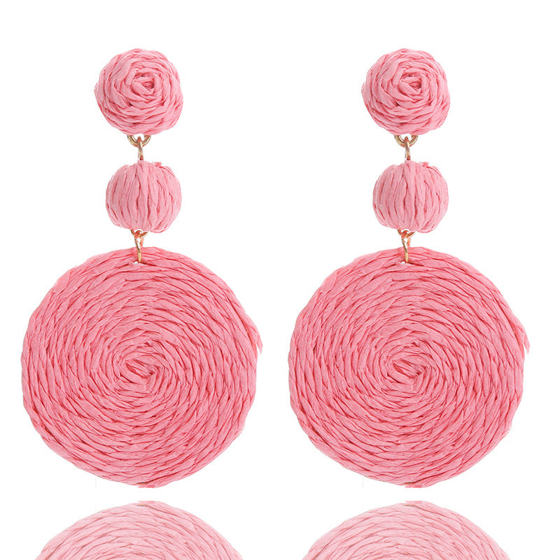 Bohemian Raffia Round Summer Beach Vacation Earrings