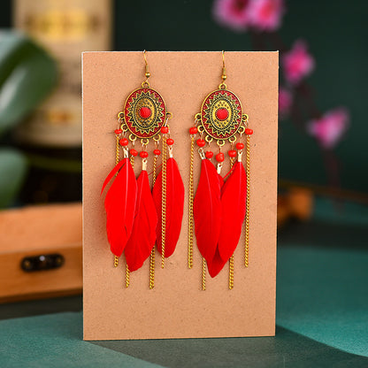 Women's Long Feather For Retro Chain Your Earrings