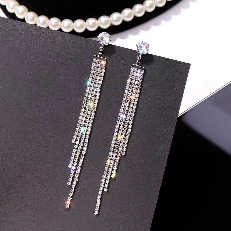 Temperament Sier Series Long Fringe Fashionable Classy Ear Earrings