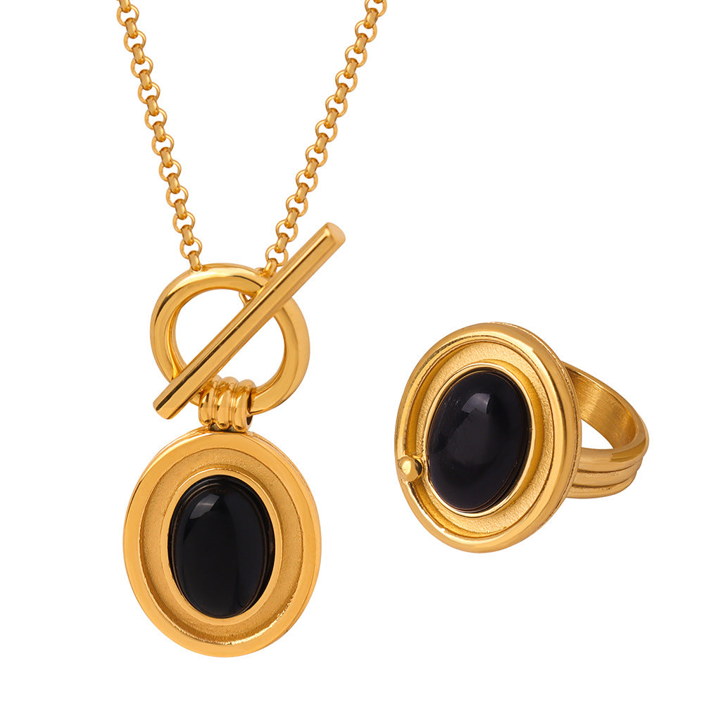 Composite Titanium Steel Gold-plated Inlaid Agate Oval Necklaces