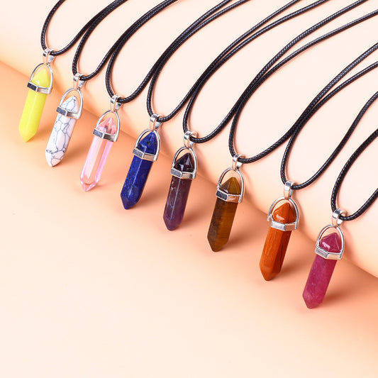 Crystal Natural Stone Hexagon Prism Free Wax Rope Pendants