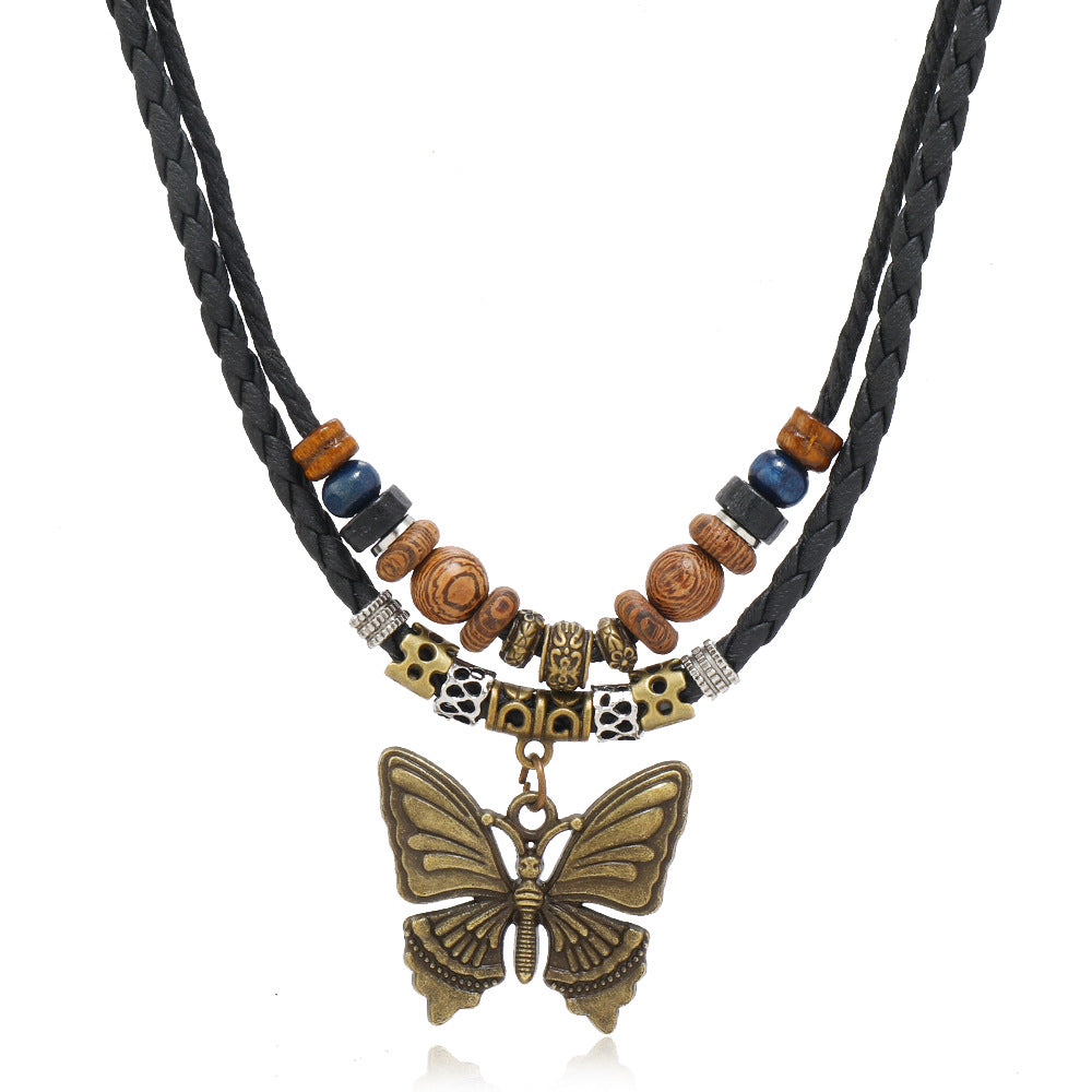 Artistic Retro Butterfly Alloy Wooden Bead Necklaces