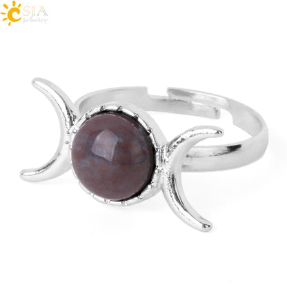 Women's Vintage Crescent Moon Sun Adjustable Sier Natural Stone Rings